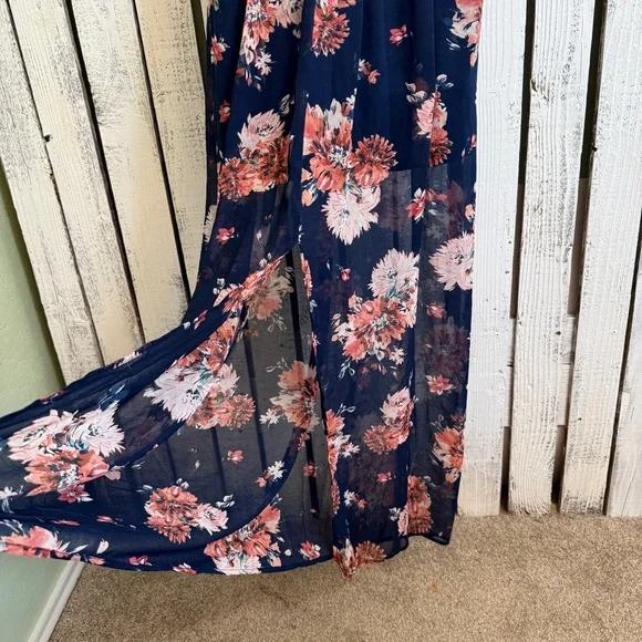 Floral Lace Dress Semi Sheer Skirt Built In Bra Size Medium Whimsy Boho Sundress - Picture 5 of 9